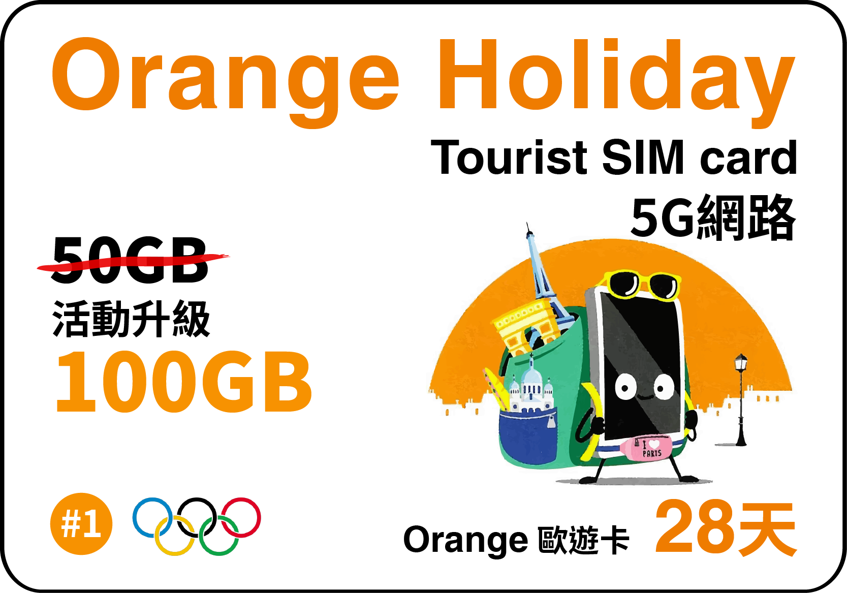 歐洲上網卡-Orange Holiday 歐遊28天預付卡-終極版50GB上網+120分國際電話(可撥話歐洲跟台灣)